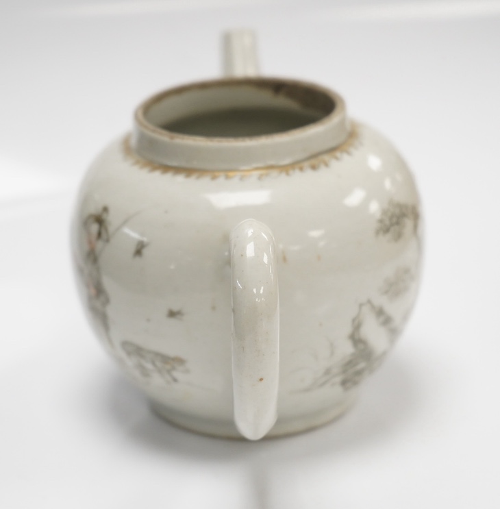 A mid 18th century Chinese ‘European subject’ teapot, lacking cover, 9cm tall. Condition - handle re-attached